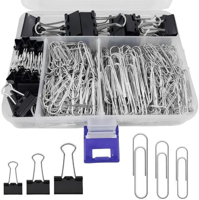 Main image of Binder and Paper Clips Set, 340 pcs Assorted Sizes in Container With Compartments - Silver Paper and Black Binder Clips for Home, School, Office Supplies