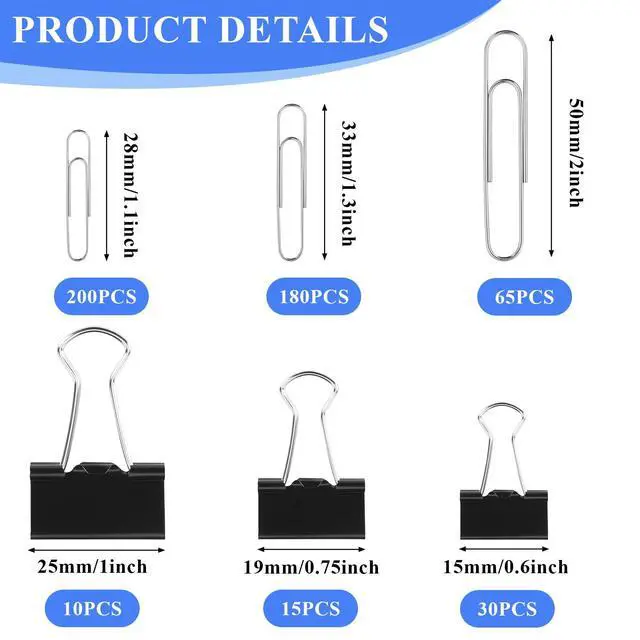 Alt view image 2 of 7 - 500Pcs Paper Clips and Binder Clips Assorted Sizes, Silver Paper Clips Black Binder Clips with Large Medium Small Size in Container for Office Home School Supplies Document Organizing