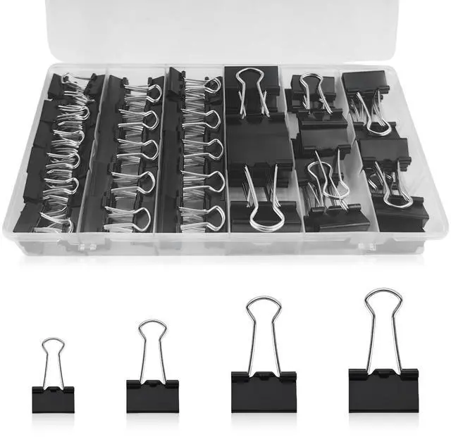 Main image of 110PCS Black Binder Clips Assorted Sizes,4 Sizes Large Medium Small Mini Paper Clamps Set, Office Supplies Desk,Cute Office Paper Clips for Home School Office Supplies Organizing (Black)