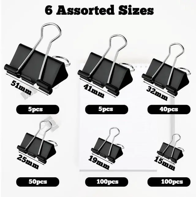 Alt view image 3 of 7 - 300 Pcs Binder Clips Assorted Sizes, 6 Sizes Jumbo, Large, Medium, Small, Mini and Micro, Metal Paper Clamps, Bulk Black Metal Binding Med Clips Office Supplies for Teachers Business