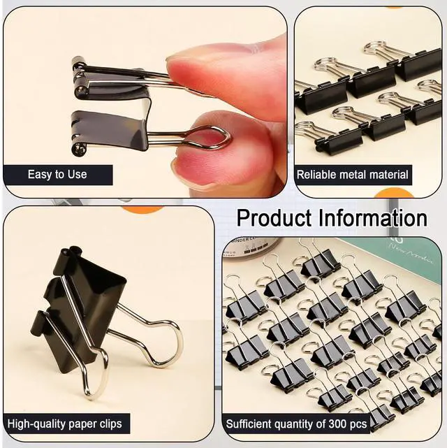 Alt view image 5 of 7 - 300 Pcs Binder Clips Assorted Sizes, 6 Sizes Jumbo, Large, Medium, Small, Mini and Micro, Metal Paper Clamps, Bulk Black Metal Binding Med Clips Office Supplies for Teachers Business