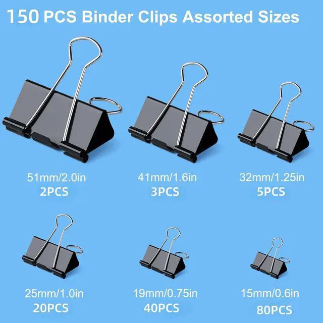 Alt view image 2 of 7 - 150 PCS Binder Clips Assorted Sizes, Extra Large Medium Small Mini and Micro, Metal Paper Binder Clip Black,Paper Clamps, 6 Sizes for Office, School and Home