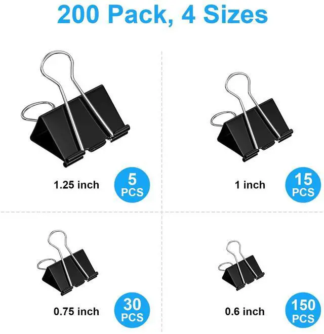 Alt view image 2 of 7 - 200 Count Binder Clips Assorted Sizes, 4 Sizes Large, Medium, Small, Mini, Metal Paper Clamps, Bulk Black Clips Office Supplies (1 1/4", 1", 3/4", 1/2 Inch) KKEETUR