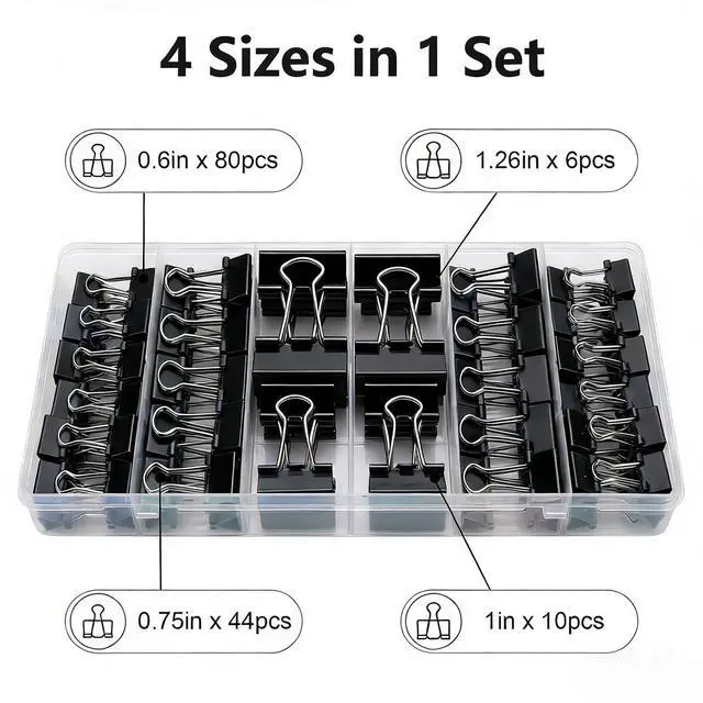 Alt view image 3 of 7 - Binder Clips Assorted Sizes, 140 PCS Black Binder Paper Clips Office Clips Office Supplies Desk, 4 Sizes Cute Binder Clips Large Medium Binder Clip Small Paper Clips Medium Paper Clamps (Black)