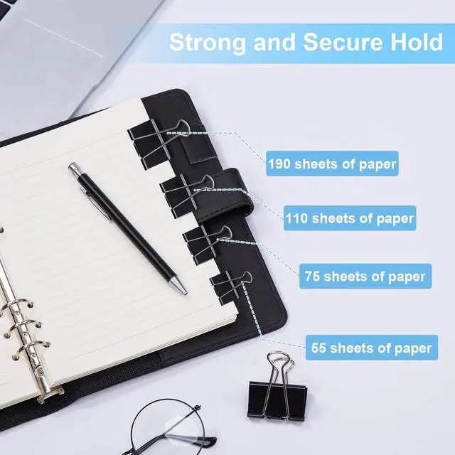 Alt view image 4 of 7 - Binder Clips Assorted Sizes, 140 PCS Black Binder Paper Clips Office Clips Office Supplies Desk, 4 Sizes Cute Binder Clips Large Medium Binder Clip Small Paper Clips Medium Paper Clamps (Black)