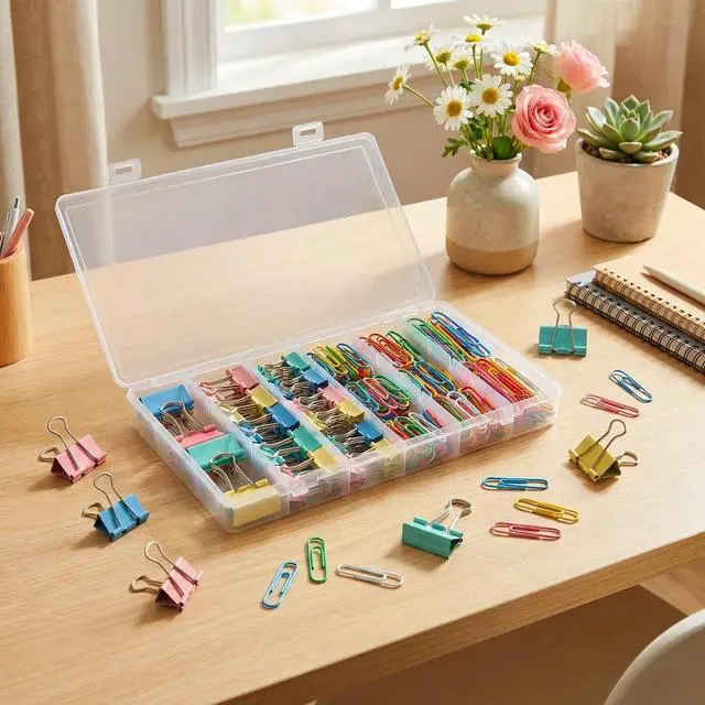 Alt view image 2 of 7 - 300Pcs Colored Paper Clips and Binder Clips Assorted Sizes, Large Medium Small Binder Paper Clips Office Clips Office Supplies, Assorted Paper Clamps PaperClips for Home Office Supplies in a Container