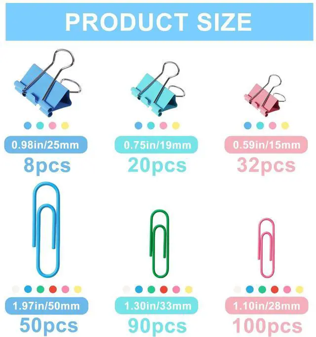 Alt view image 4 of 7 - 300Pcs Colored Paper Clips and Binder Clips Assorted Sizes, Large Medium Small Binder Paper Clips Office Clips Office Supplies, Assorted Paper Clamps PaperClips for Home Office Supplies in a Container