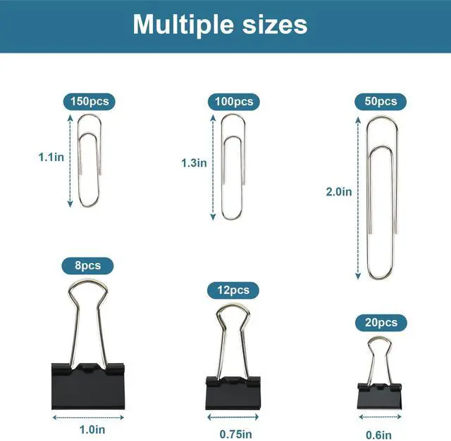 Alt view image 2 of 7 - Assorted Size Binder Clips & Jumbo Paper Clips Set - 340pcs Black, Large for Office & School Supplies, in Container with Compartments