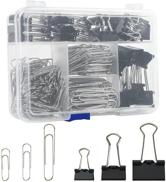 Main image of Assorted Size Binder Clips & Jumbo Paper Clips Set - 340pcs Black, Large for Office & School Supplies, in Container with Compartments
