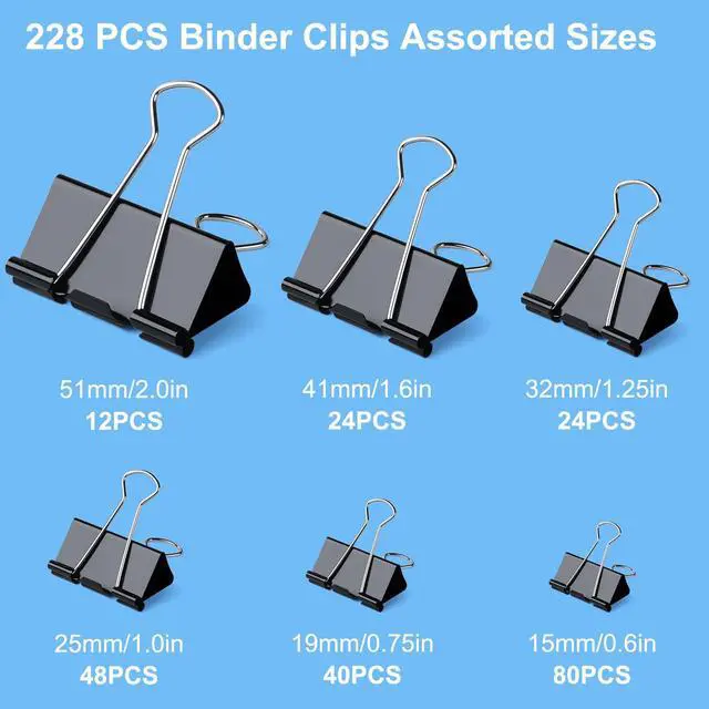 Alt view image 2 of 7 - 228 PCS Binder Clips Paper Clamps Assorted Sizes,Extra Large Medium Small Mini and Micro,Black Metal Paper Binder Clip 6 Sizes for Office, Home and School