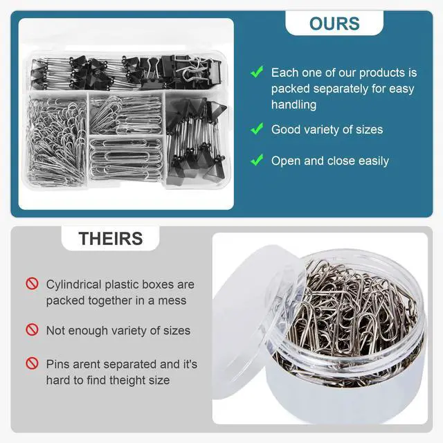Alt view image 3 of 7 - Assorted Size Binder Clips & Jumbo Paper Clips Set - 340pcs Black, Large for Office & School Supplies, in Container with Compartments