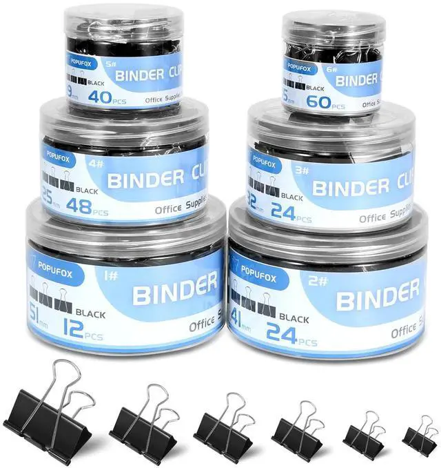 Main image of Binder Clips Assorted Sizes Including Extra Large Medium Small Mini and Micro, Office Supplies File Clamps Paper Clips, 6 Sizes in 6 Boxes, 208 PCS Metal Black Clamps for School