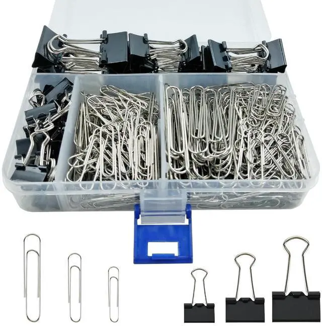 Main image of 340 PCS Paper Clips and Binder Clips Assorted Sizes, Large Medium Small Silver Paperclips&Black Binder Clip Set for Home&School&Office Document Organizing,Supplies Desk Essentials in Container