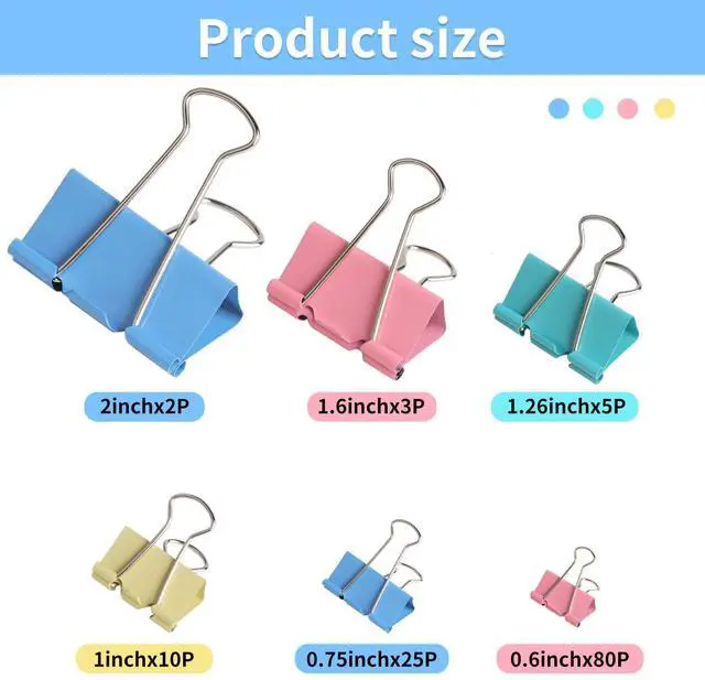 Alt view image 2 of 7 - 125Pcs Binder Clips Colored, Binder Clips Assorted Sizes, 6 Sizes Binder Paper Clips for Office Supplies/Home/School (Blue, Pink, Yellow, Green)