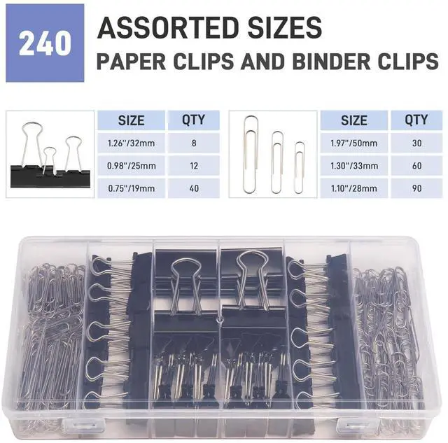 Alt view image 3 of 7 - 240PCS Black Assorted Size Paper Clips and Binder Clips, Paperclips Large Medium Small, Binder Clip and Paper Clip Set for Home, School, and Office Supplies in a Container with Compartments