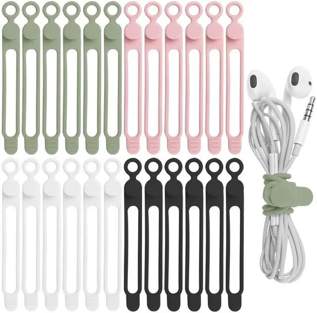 Main image of 24Pcs Silicone Cable Straps Cord Organizer for Bundling Earphone, Phone Charger, Computer Cords, Reusable Cable Ties Wire Organizer in Home,Office,Kitchen,School (4 Colors)