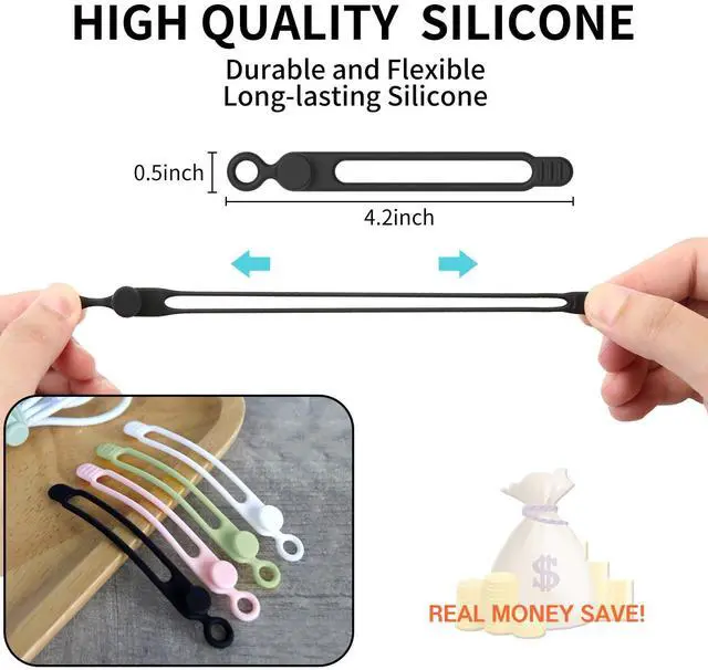 Alt view image 3 of 6 - 20pcs Silicone Cable Ties,Reusable Cable Management Organizer, Wire TiesTravel Cord TiesCord Organizer for Bundling Cable Cords in Home,Office,Kitchen,School(White Black)