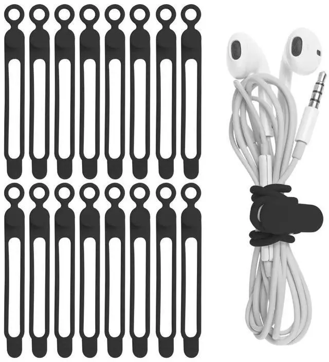 Main image of 16Pcs Silicone Cable Straps Wire Organizer for Bundling Earphone, Phone Charger, Computer Cords, Reusable Cable Ties Cord Organizer in Home,Office,Kitchen,School(Black)