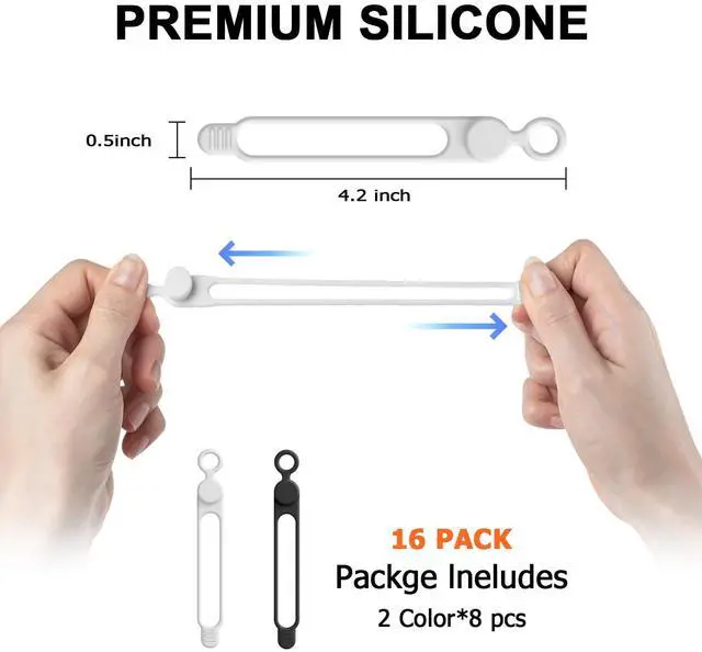 Alt view image 2 of 6 - 16Pcs 4.2" Silicone Cable Ties Cord Organizer for Cable Management, Reusable Cable Organizer Electronic Accessories in Home,Office,Kitchen,School,Travel(Black*8 & White*8)