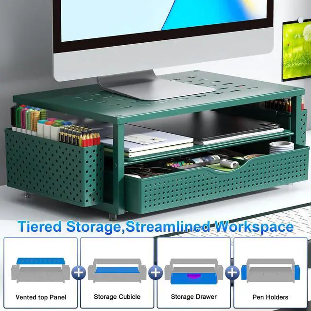 Alt view image 2 of 7 - Desk Organizers and Accessories, Monitor Stand with Drawer and 2 Pen Holder, Desktop Organizer Suitable for Offices and Dormitories (Green)