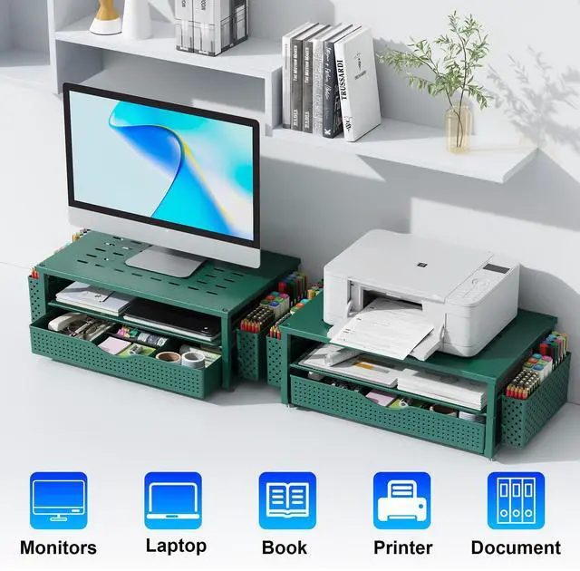 Alt view image 7 of 7 - Desk Organizers and Accessories, Monitor Stand with Drawer and 2 Pen Holder, Desktop Organizer Suitable for Offices and Dormitories (Green)