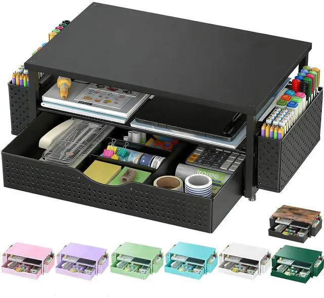 Main image of Desk Organizer and Accessories, Computer Monitor Stand Riser with Drawer and 2 Pen Holders, Office Desk Accessories & Workspace Organizers for Office Supplies (Black)