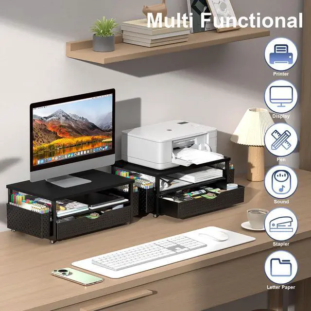 Alt view image 4 of 7 - Desk Organizer and Accessories, Computer Monitor Stand Riser with Drawer and 2 Pen Holders, Office Desk Accessories & Workspace Organizers for Office Supplies (Black)