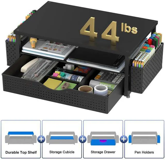 Alt view image 6 of 7 - Desk Organizer and Accessories, Computer Monitor Stand Riser with Drawer and 2 Pen Holders, Office Desk Accessories & Workspace Organizers for Office Supplies (Black)