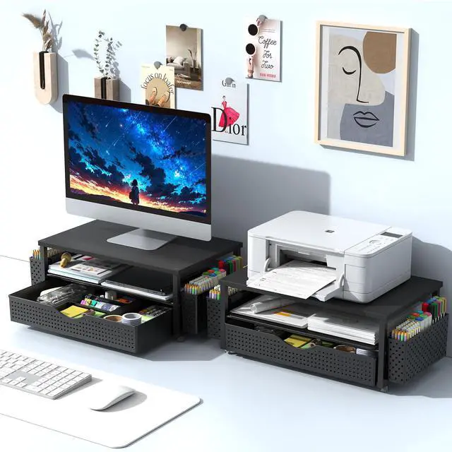 Alt view image 7 of 7 - Desk Organizer and Accessories, Computer Monitor Stand Riser with Drawer and 2 Pen Holders, Office Desk Accessories & Workspace Organizers for Office Supplies (Black)