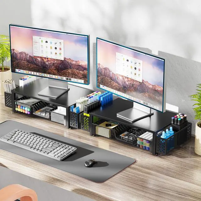 Alt view image 2 of 7 - Desk Organizer and Accessories, Computer Metal Monitor Stand Riser with Drawer and Pen Holder for Laptop, Computer, iMac, Black