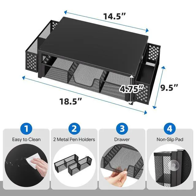 Alt view image 3 of 7 - Desk Organizer and Accessories, Computer Metal Monitor Stand Riser with Drawer and Pen Holder for Laptop, Computer, iMac, Black