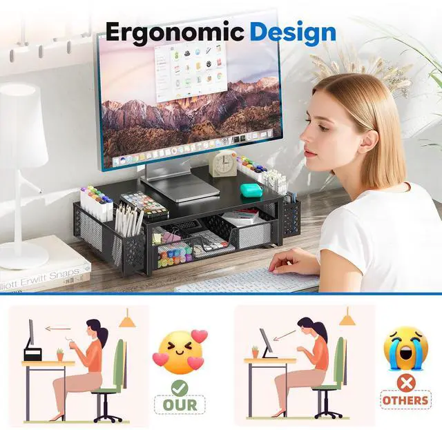 Alt view image 4 of 7 - Desk Organizer and Accessories, Computer Metal Monitor Stand Riser with Drawer and Pen Holder for Laptop, Computer, iMac, Black