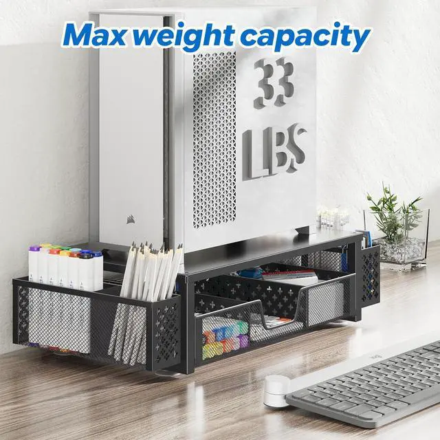 Alt view image 5 of 7 - Desk Organizer and Accessories, Computer Metal Monitor Stand Riser with Drawer and Pen Holder for Laptop, Computer, iMac, Black