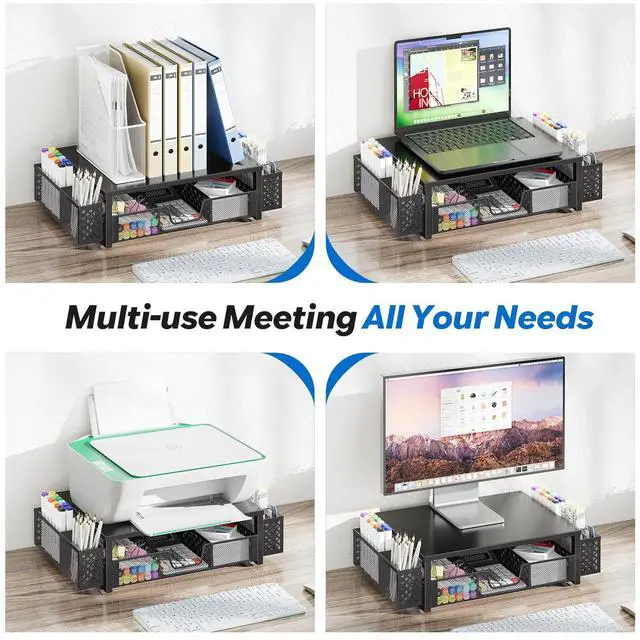 Alt view image 7 of 7 - Desk Organizer and Accessories, Computer Metal Monitor Stand Riser with Drawer and Pen Holder for Laptop, Computer, iMac, Black