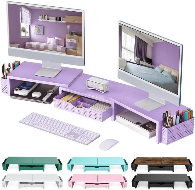 Main image of Dual Monitor Stand Riser, Desk Organizer With Drawer and 2 Pen Holders, Desk Organizers and Accessories, Purple Office Decor (Purple)