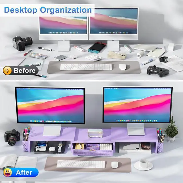 Alt view image 2 of 7 - Dual Monitor Stand Riser, Desk Organizer With Drawer and 2 Pen Holders, Desk Organizers and Accessories, Purple Office Decor (Purple)
