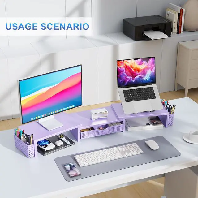 Alt view image 5 of 7 - Dual Monitor Stand Riser, Desk Organizer With Drawer and 2 Pen Holders, Desk Organizers and Accessories, Purple Office Decor (Purple)
