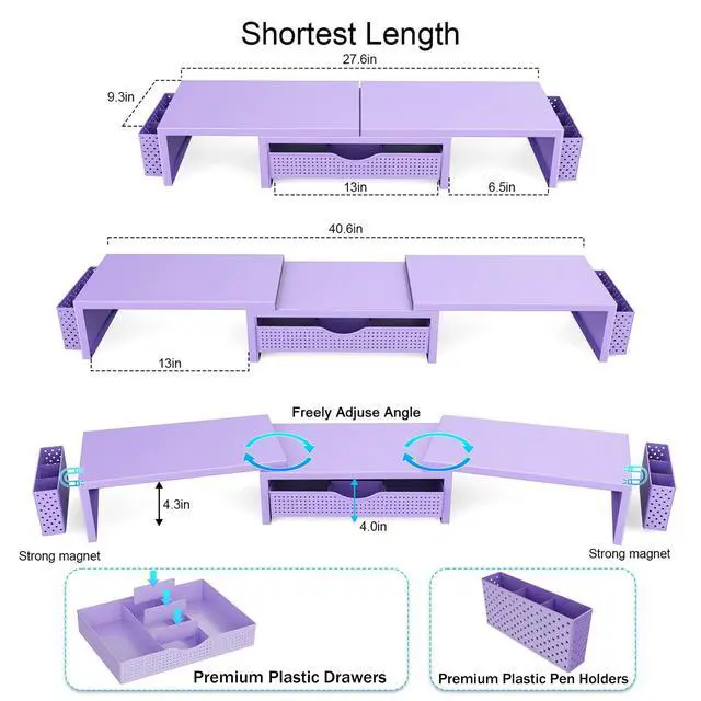 Alt view image 6 of 7 - Dual Monitor Stand Riser, Desk Organizer With Drawer and 2 Pen Holders, Desk Organizers and Accessories, Purple Office Decor (Purple)