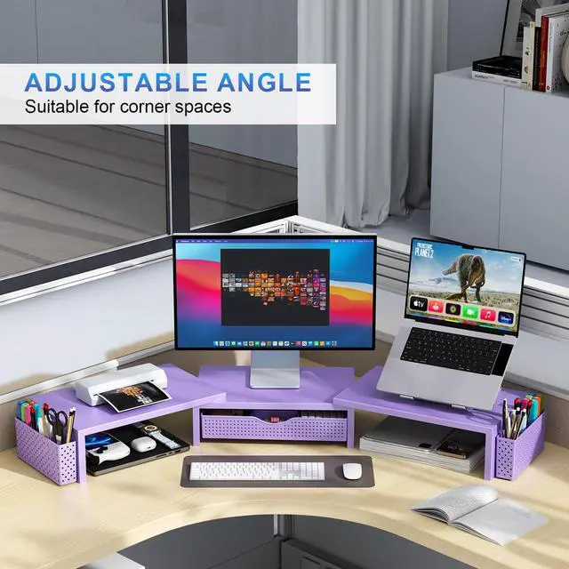 Alt view image 3 of 7 - Dual Monitor Stand Riser, Desk Organizer With Drawer and 2 Pen Holders, Desk Organizers and Accessories, Purple Office Decor (Purple)