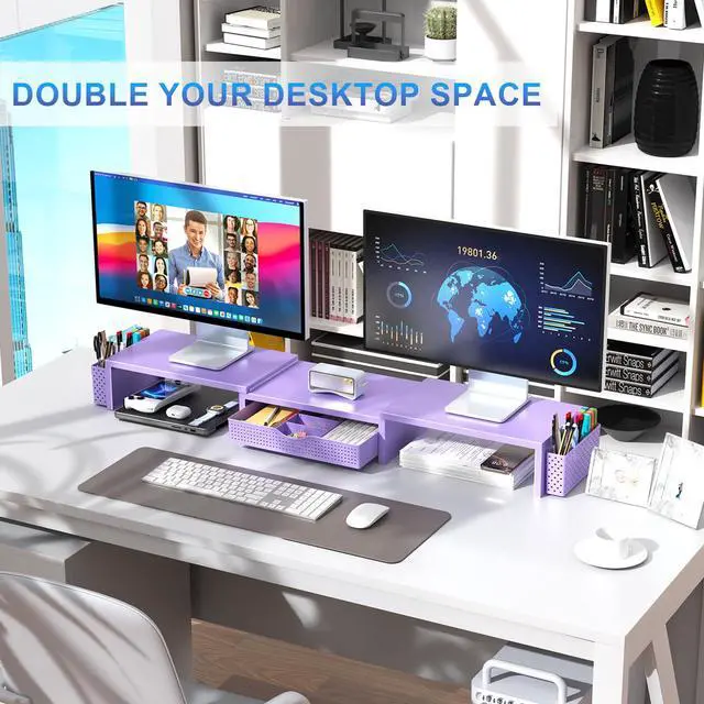 Alt view image 4 of 7 - Dual Monitor Stand Riser, Desk Organizer With Drawer and 2 Pen Holders, Desk Organizers and Accessories, Purple Office Decor (Purple)