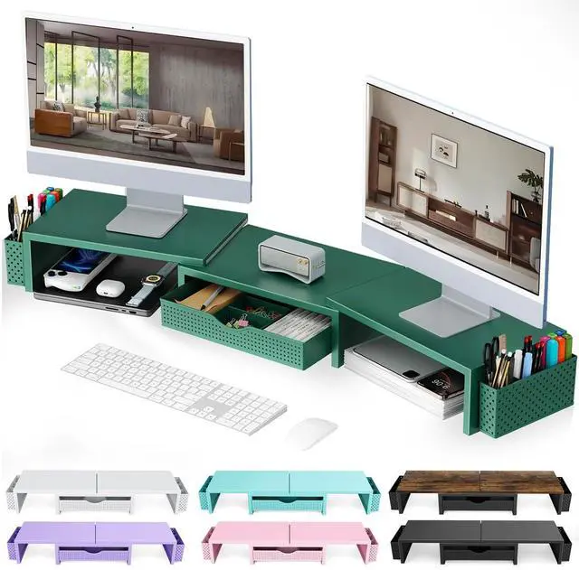 Main image of Dual Monitor Stand Riser, Desk Organizer With Drawer and 2 Pen Holders, Monitor Stand for Desk, Office Decor Essentials (Green)