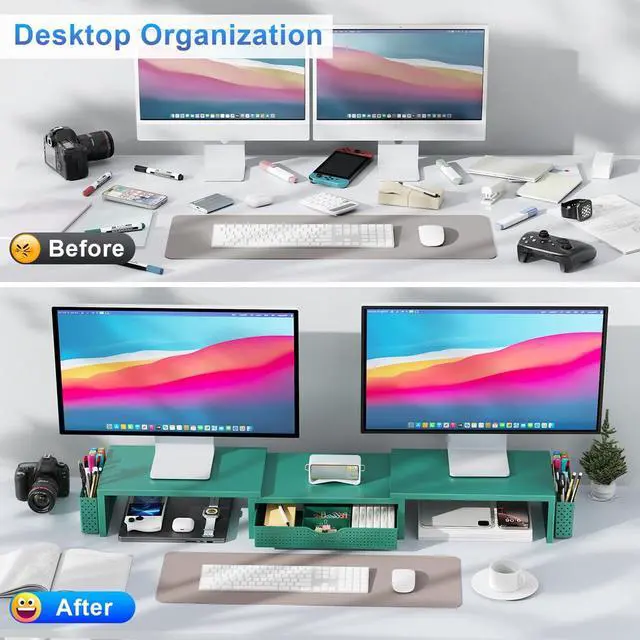 Alt view image 2 of 7 - Dual Monitor Stand Riser, Desk Organizer With Drawer and 2 Pen Holders, Monitor Stand for Desk, Office Decor Essentials (Green)