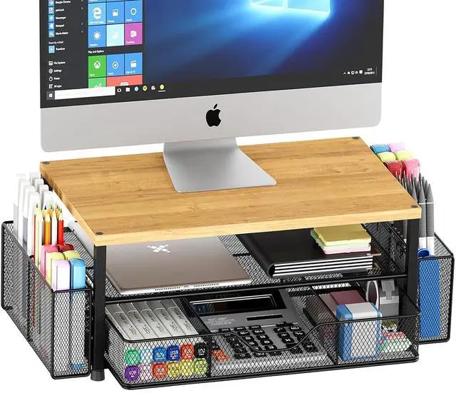 Main image of Desk Organizers and Accessories, 2-Tier Computer Monitor Stand with Drawer and 2 Pen Holders, Laptop Stand, Office Desk Accessories for Office Supplies, Oak