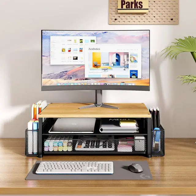Alt view image 2 of 7 - Desk Organizers and Accessories, 2-Tier Computer Monitor Stand with Drawer and 2 Pen Holders, Laptop Stand, Office Desk Accessories for Office Supplies, Oak