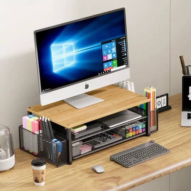 Alt view image 5 of 7 - Desk Organizers and Accessories, 2-Tier Computer Monitor Stand with Drawer and 2 Pen Holders, Laptop Stand, Office Desk Accessories for Office Supplies, Oak