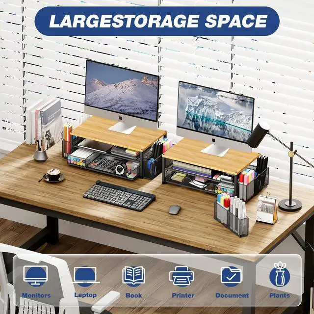 Alt view image 4 of 7 - Desk Organizers and Accessories, 2-Tier Computer Monitor Stand with Drawer and 2 Pen Holders, Laptop Stand, Office Desk Accessories for Office Supplies, Oak