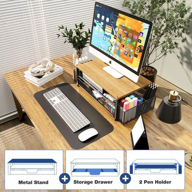 Alt view image 6 of 7 - Desk Organizers and Accessories, 2-Tier Computer Monitor Stand with Drawer and 2 Pen Holders, Laptop Stand, Office Desk Accessories for Office Supplies, Oak