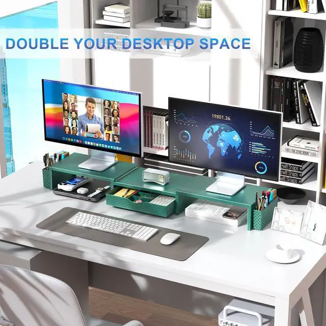 Alt view image 3 of 7 - Dual Monitor Stand Riser, Desk Organizer With Drawer and 2 Pen Holders, Monitor Stand for Desk, Office Decor Essentials (Green)