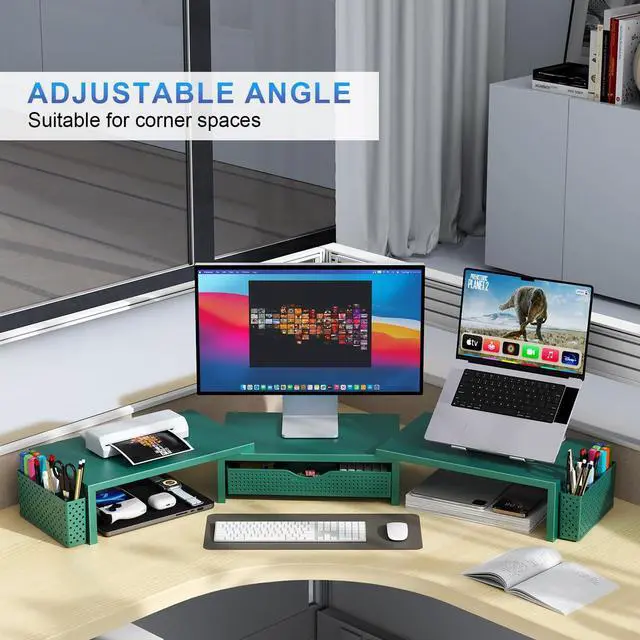 Alt view image 4 of 7 - Dual Monitor Stand Riser, Desk Organizer With Drawer and 2 Pen Holders, Monitor Stand for Desk, Office Decor Essentials (Green)