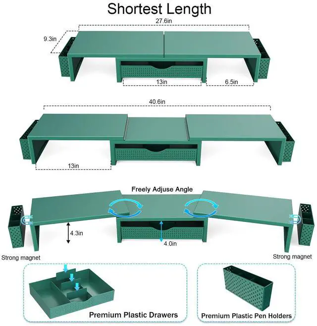 Alt view image 5 of 7 - Dual Monitor Stand Riser, Desk Organizer With Drawer and 2 Pen Holders, Monitor Stand for Desk, Office Decor Essentials (Green)